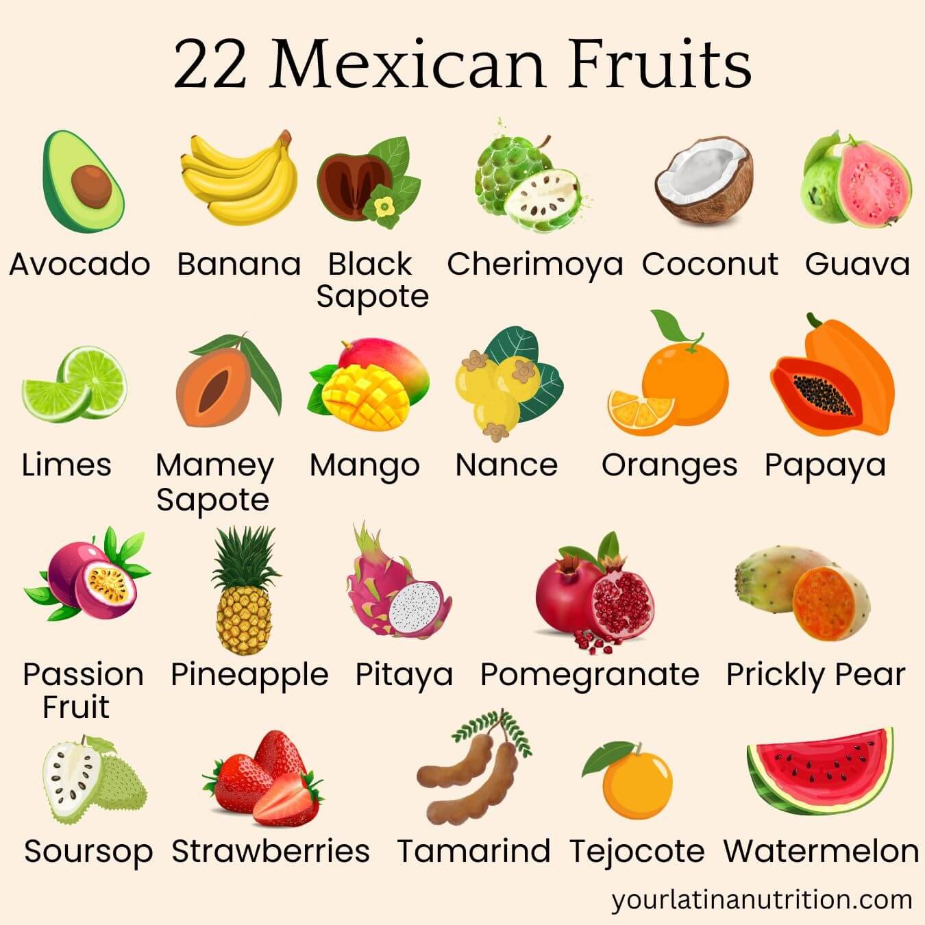 Inforgraphic showing 22 Mexican fruits