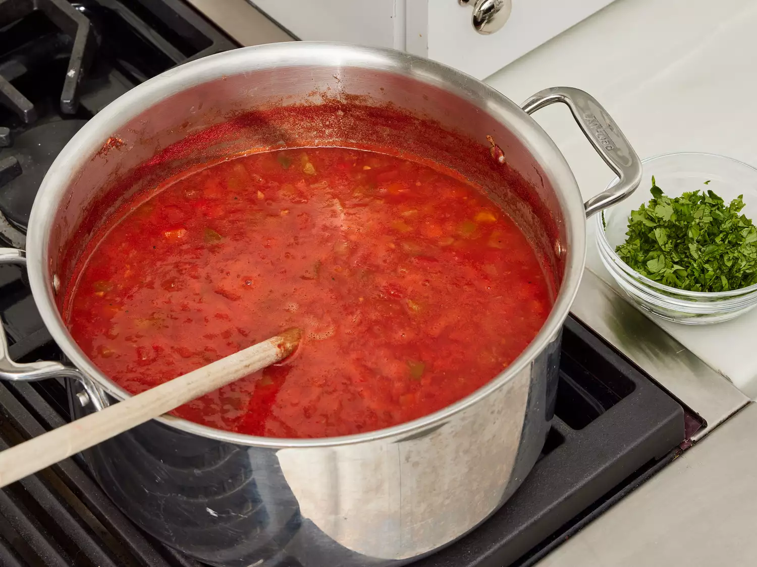 Ingredients added to stockpot, simmer for 30-minutes.