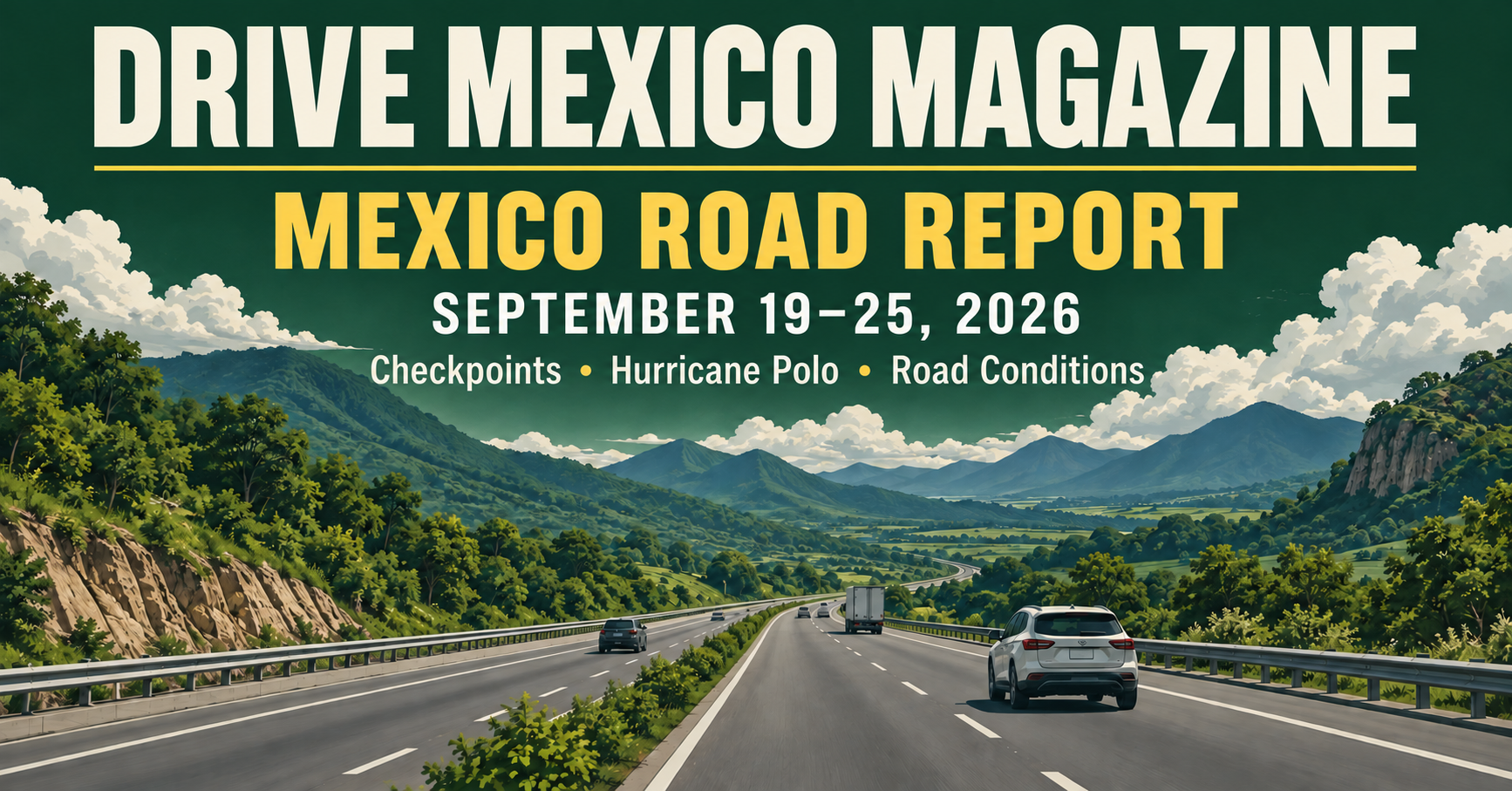 Drive Mexico Magazine Mexico Road Report for September 19–25, 2026 covering checkpoints, Hurricane Polo and road conditions
