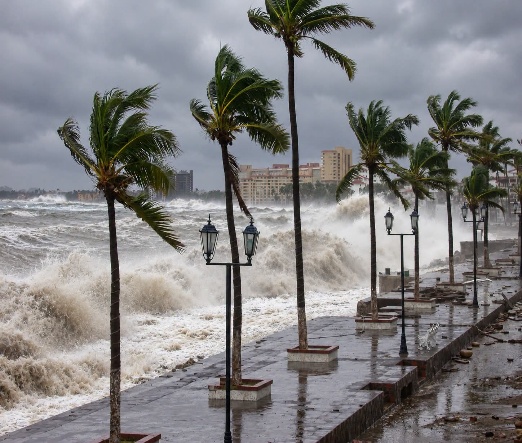 Large waves breaking along a waterfront lined with palm trees