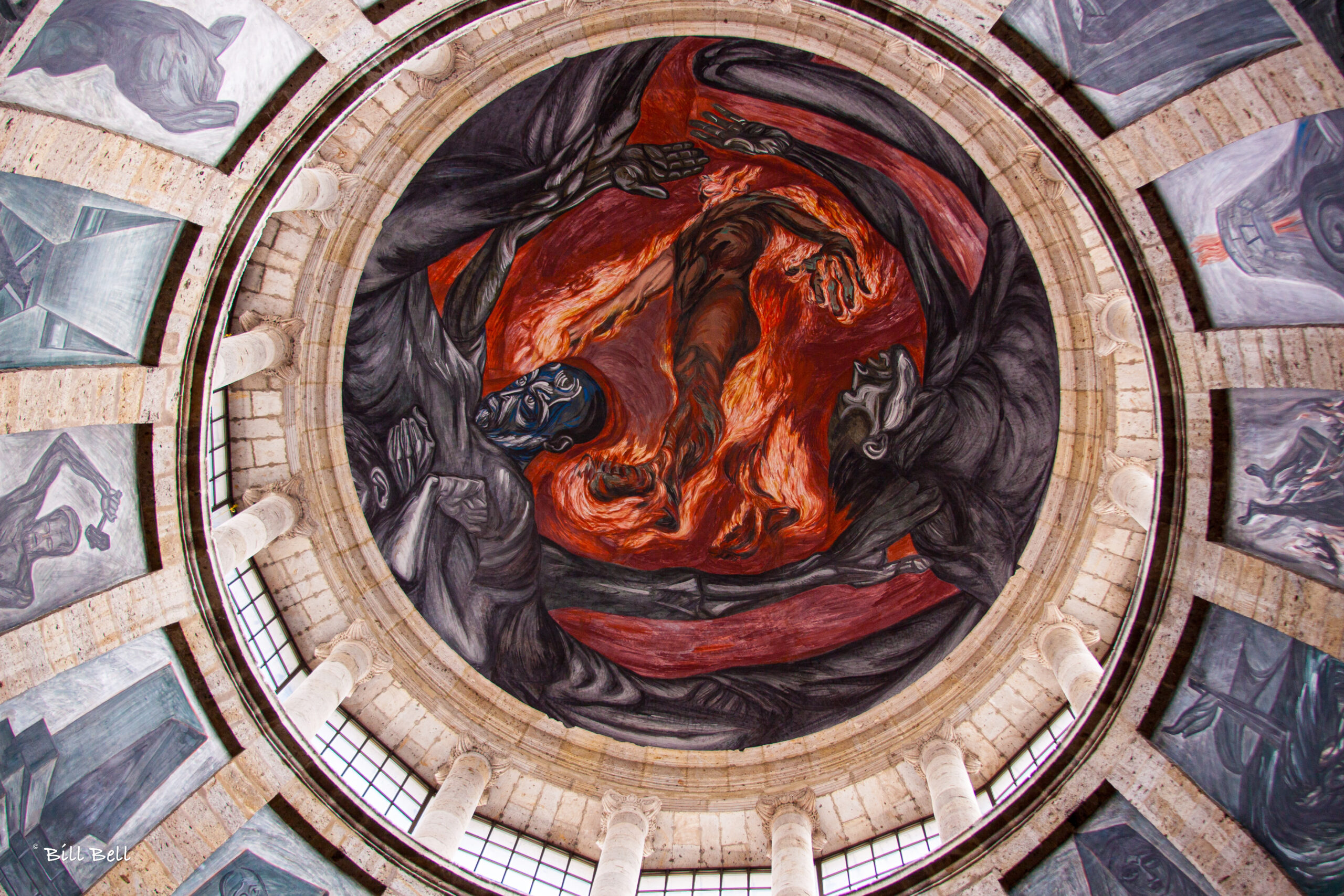 El Hombre de Fuego and the surrounding dome murals at the Cabañas in Guadalajara