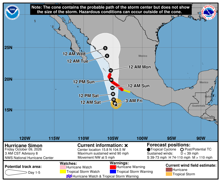Hurricane Simon forecast cone, NHC Advisory 8 issued at 3 a.m. CST on October 9, 2026. Hazards can occur outside the cone.